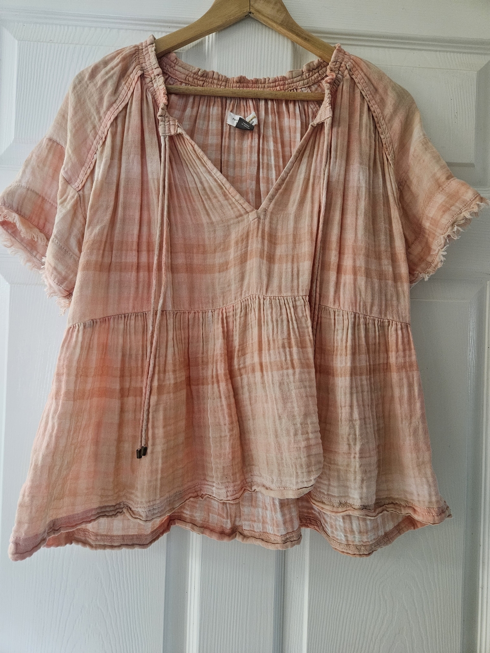 Anthropologie Peach Plaid Peasant Tunic